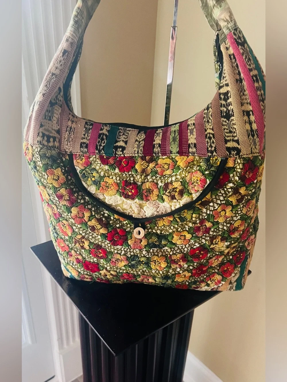 Boho Embroidered Floral Tote Bag - Green Multicolor